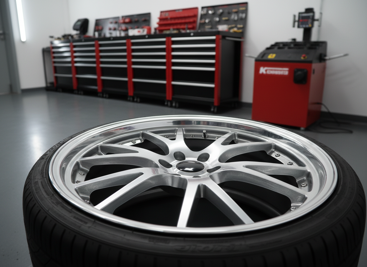 A close-up, photographic realism shot of a freshly refinished alloy car rim mounted on a tire, the metal surface flawlessly smooth with a mirror-like polished lip and subtly brushed spokes in metallic silver. The wheel is positioned on a spotless, dark gray epoxy workshop floor, with neatly organized tool cabinets and a blurred balance machine in the background. Cool, diffused studio lighting from above and slightly to the side creates crisp reflections along the rim’s contours and sharp highlights on the polished edge, emphasizing perfection. Captured at a slightly low, three-quarter angle with shallow depth of field, the rim dominates the frame, conveying a professional, high-end repair and finishing service with a clean, modern, trustworthy atmosphere.
