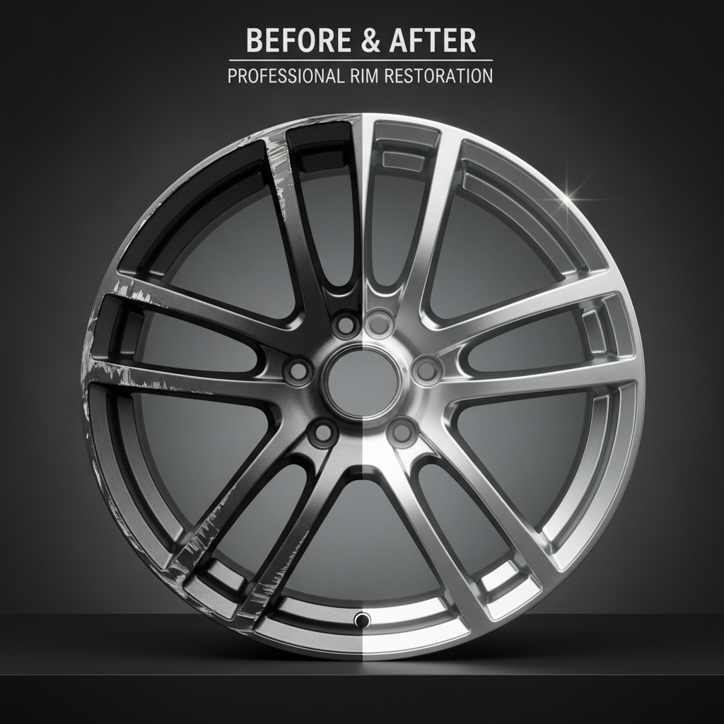 A dramatic before-and-after photographic composition of the same alloy rim, split vertically down the center. The left side shows a rim with severe curb rash, scratches, and dull, oxidized finish, while the right side reveals a fully restored, polished, ceramic-coated surface with deep metallic gloss and flawless edges. The wheel rests on a neutral, matte black surface with a soft gradient backdrop. Controlled studio lighting accentuates imperfections on the damaged side and brilliant reflections on the repaired side. Shot at eye level with sharp focus across the frame, the image feels clinical, precise, and authoritative, clearly communicating the transformation possible through professional rim repair and finishing services.
