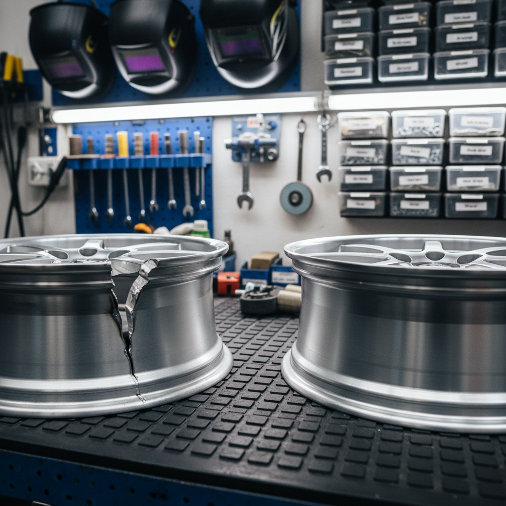 A detailed, photographic realism close-up of a cracked alloy rim section lying on a padded, dark rubber workbench mat. The crack is clearly visible and sharply defined, while beside it sits the same rim segment after expert welding and refinishing, seamless and structurally sound. The background shows blurred, orderly shelves with specialized rim repair tools, welding helmets, and labeled containers. Cool white overhead workshop lighting creates a bright, focused environment with gentle reflections along the repaired metal, suggesting precision and safety. Shot from a slightly elevated angle with moderate depth of field, the composition emphasizes the technical quality of crack repair and the professional, methodical nature of the shop.
